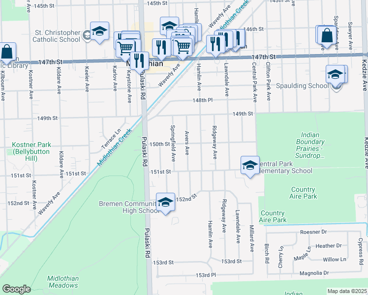 map of restaurants, bars, coffee shops, grocery stores, and more near 15006 Avers Avenue in Midlothian