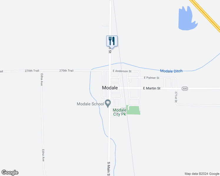 map of restaurants, bars, coffee shops, grocery stores, and more near 1 Austin Avenue in Modale