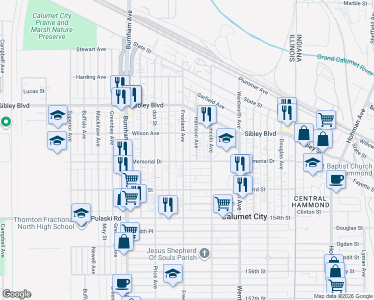 map of restaurants, bars, coffee shops, grocery stores, and more near 534 Harrison Avenue in Calumet City
