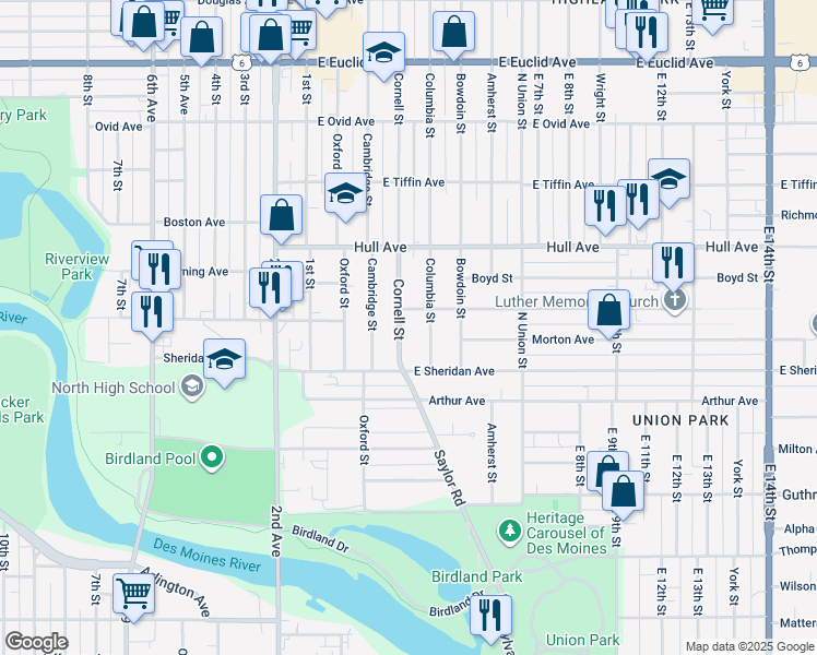 map of restaurants, bars, coffee shops, grocery stores, and more near 2709 Cornell Street in Des Moines