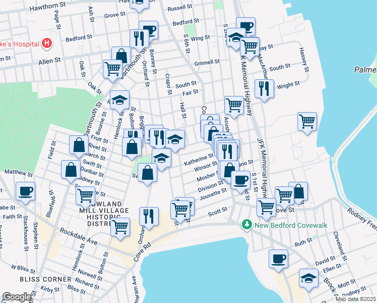 map of restaurants, bars, coffee shops, grocery stores, and more near 209 Rivet Street in New Bedford