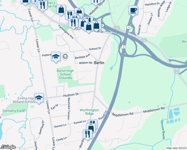 map of restaurants, bars, coffee shops, grocery stores, and more near 64 Woodbine Court in Berlin