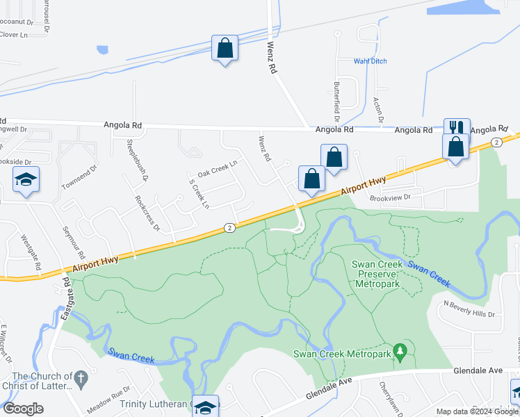 map of restaurants, bars, coffee shops, grocery stores, and more near 1156 Country Creek Lane in Toledo