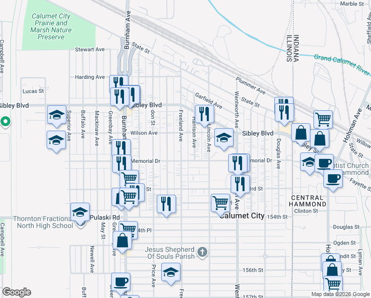 map of restaurants, bars, coffee shops, grocery stores, and more near 534 Harrison Avenue in Calumet City