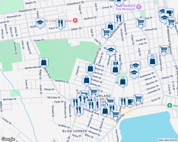 map of restaurants, bars, coffee shops, grocery stores, and more near 12 Babbitt Street in New Bedford