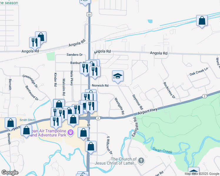 map of restaurants, bars, coffee shops, grocery stores, and more near 5020 Norwich Road in Toledo