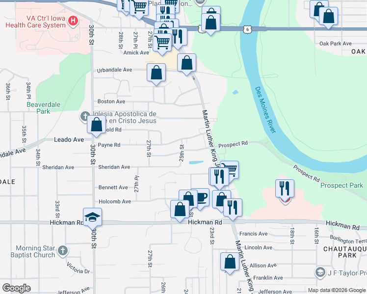 map of restaurants, bars, coffee shops, grocery stores, and more near 2507 Payne Road in Des Moines