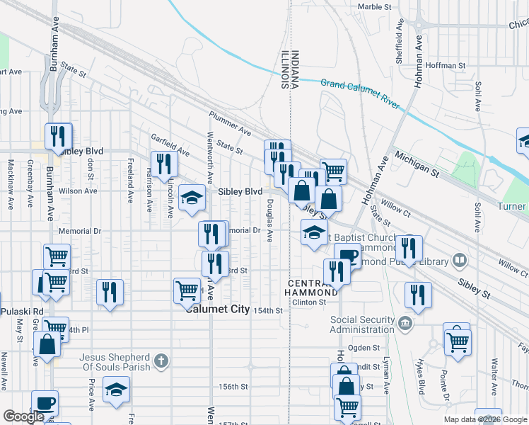 map of restaurants, bars, coffee shops, grocery stores, and more near 536 Douglas Avenue in Calumet City