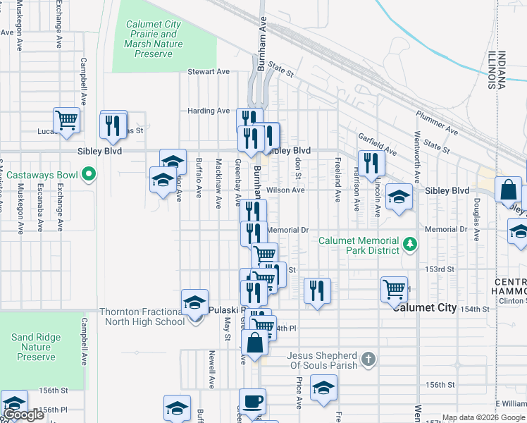 map of restaurants, bars, coffee shops, grocery stores, and more near 534 Burnham Avenue in Calumet City