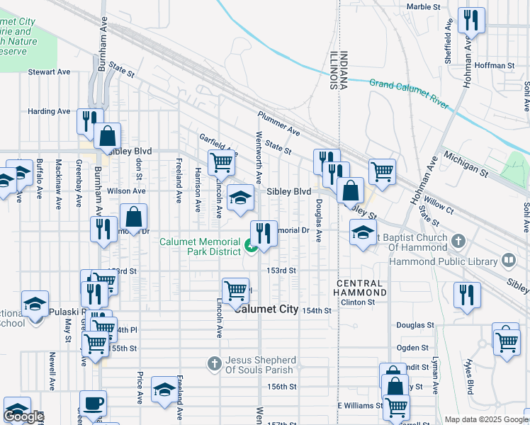 map of restaurants, bars, coffee shops, grocery stores, and more near 551 Wentworth Avenue in Calumet City