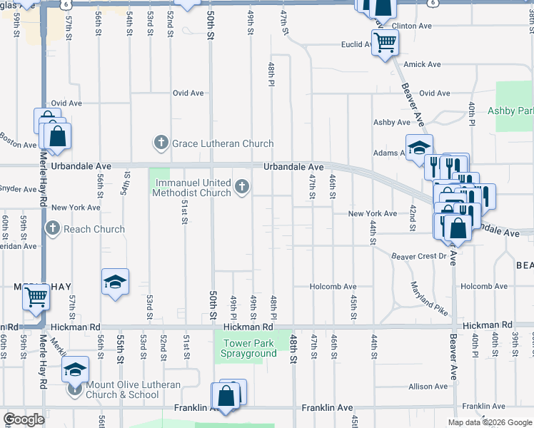 map of restaurants, bars, coffee shops, grocery stores, and more near 4830 Snyder Avenue in Des Moines