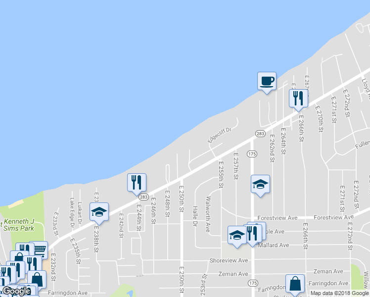 map of restaurants, bars, coffee shops, grocery stores, and more near 80 East 252nd Street in Euclid