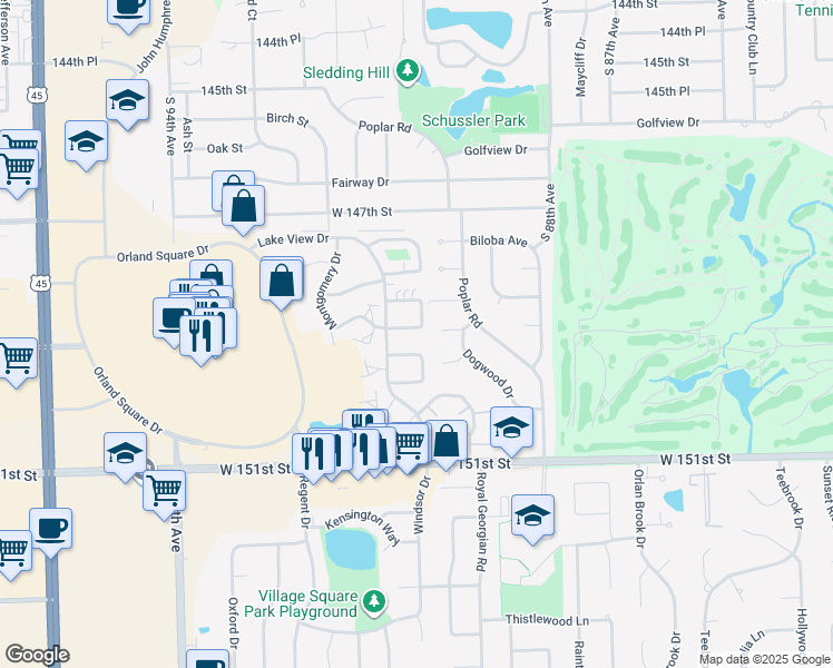 map of restaurants, bars, coffee shops, grocery stores, and more near 9025 Lincoln Court in Orland Park