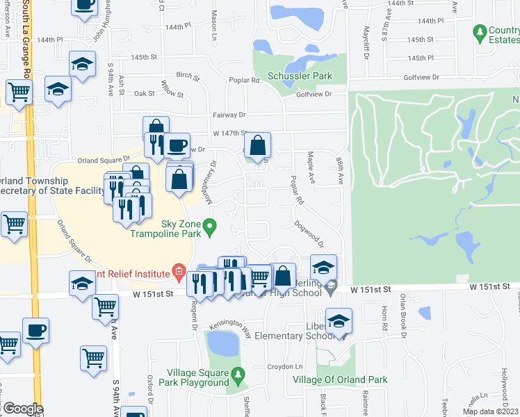 map of restaurants, bars, coffee shops, grocery stores, and more near 9039 Lincoln Court in Orland Park