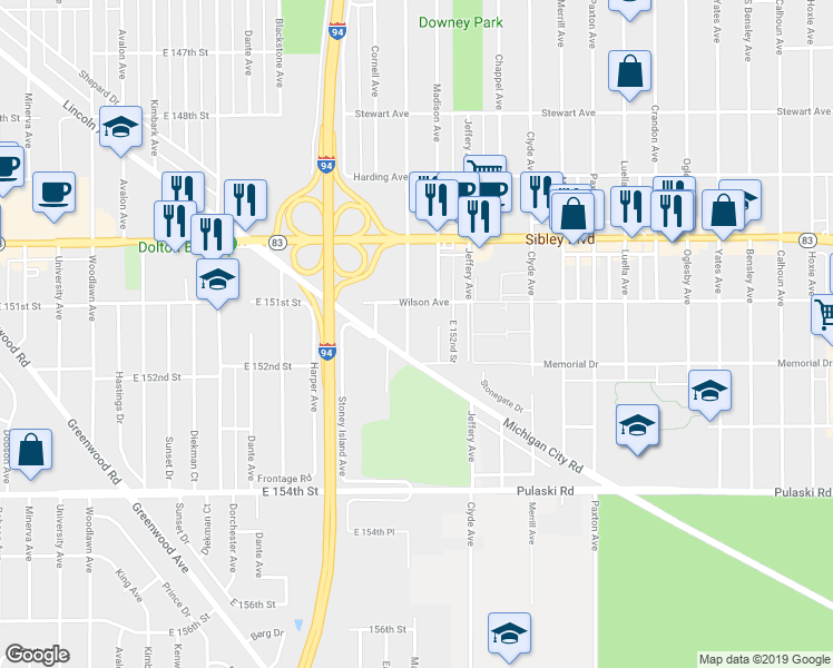 map of restaurants, bars, coffee shops, grocery stores, and more near 15108 East End Avenue in Dolton