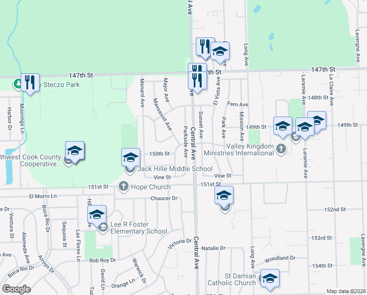 map of restaurants, bars, coffee shops, grocery stores, and more near 5632 La Palm Drive in Oak Forest