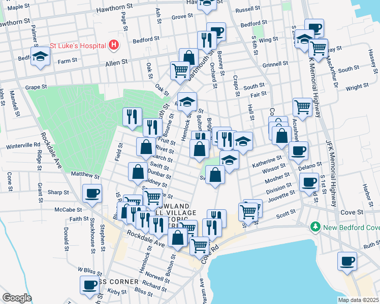 map of restaurants, bars, coffee shops, grocery stores, and more near 27 Juniper Street in New Bedford