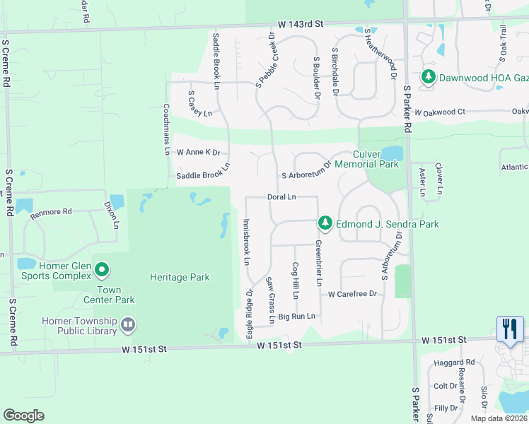 map of restaurants, bars, coffee shops, grocery stores, and more near 13921 Doral Lane in Homer Glen