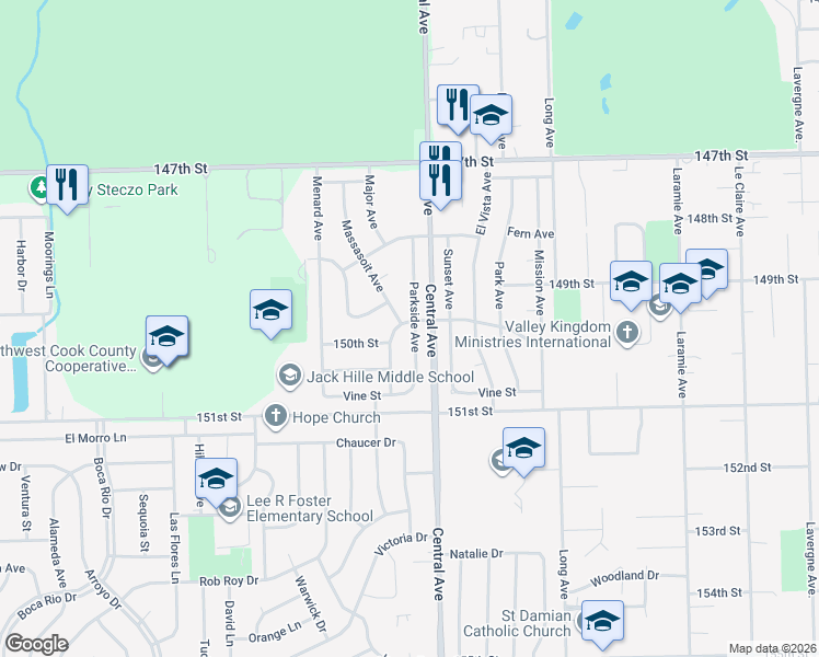 map of restaurants, bars, coffee shops, grocery stores, and more near 5632 La Palm Drive in Oak Forest