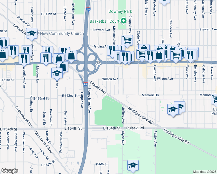 map of restaurants, bars, coffee shops, grocery stores, and more near 15108 East End Avenue in Dolton