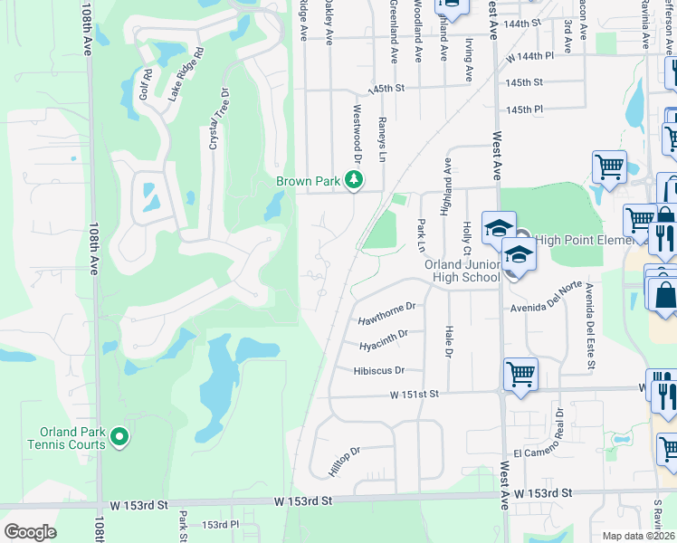 map of restaurants, bars, coffee shops, grocery stores, and more near 14823 Westwood Drive in Orland Park