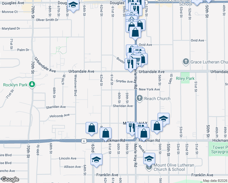 map of restaurants, bars, coffee shops, grocery stores, and more near 2729 61st Street in Des Moines