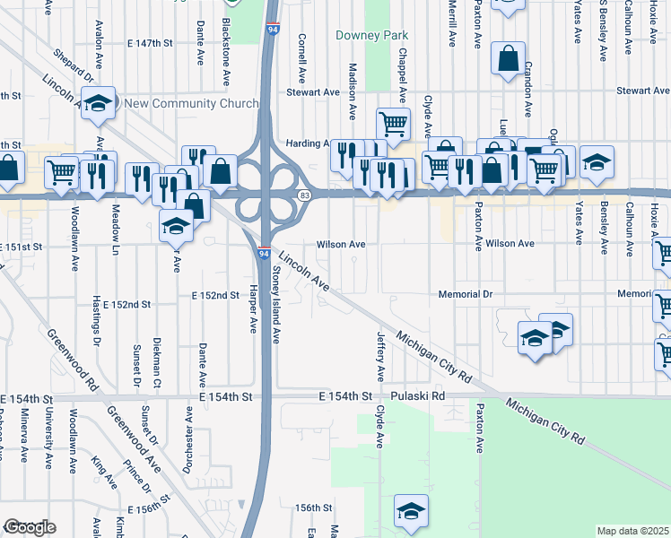 map of restaurants, bars, coffee shops, grocery stores, and more near 15108 East End Avenue in Dolton