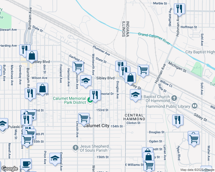 map of restaurants, bars, coffee shops, grocery stores, and more near 552 Forsythe Avenue in Calumet City