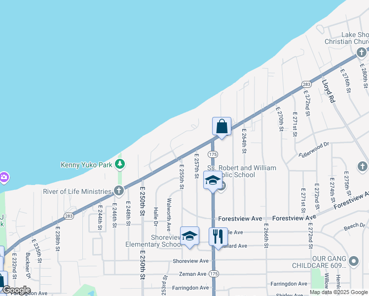 map of restaurants, bars, coffee shops, grocery stores, and more near 25601 Lakeshore Boulevard in Euclid
