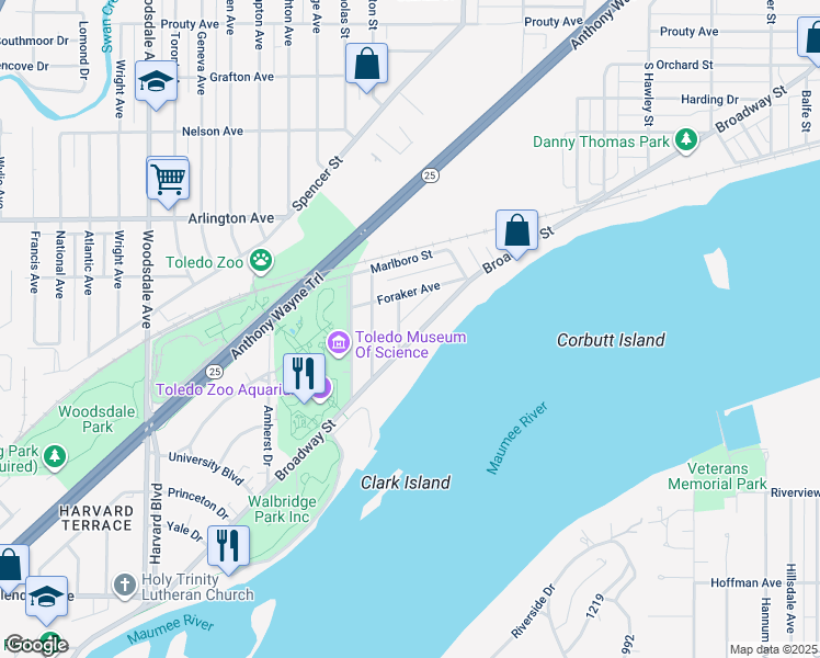 map of restaurants, bars, coffee shops, grocery stores, and more near 1021 Saint James Court in Toledo