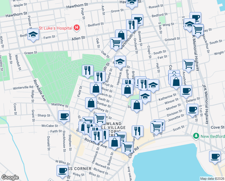 map of restaurants, bars, coffee shops, grocery stores, and more near 100 Fruit Street in New Bedford