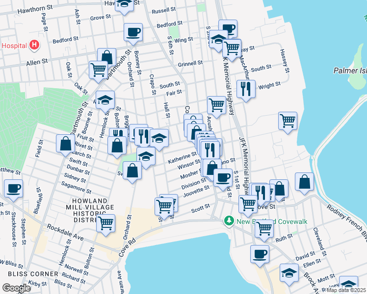 map of restaurants, bars, coffee shops, grocery stores, and more near 164 Rivet Street in New Bedford