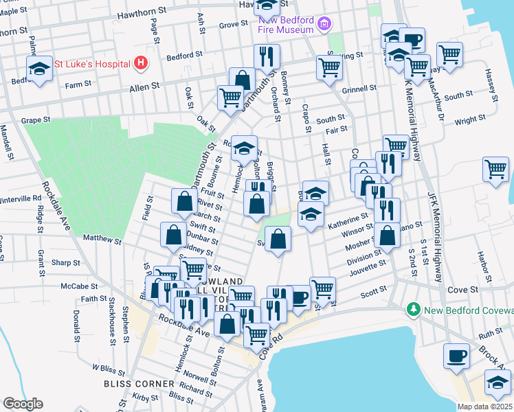 map of restaurants, bars, coffee shops, grocery stores, and more near 450 Bolton Street in New Bedford