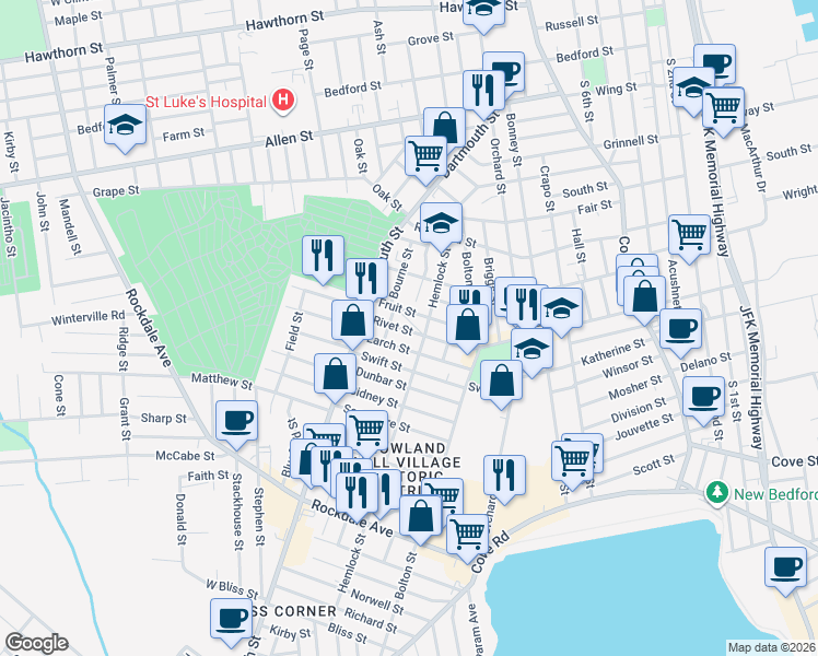map of restaurants, bars, coffee shops, grocery stores, and more near 100 Fruit Street in New Bedford