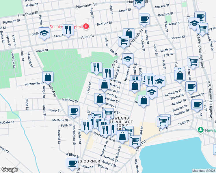 map of restaurants, bars, coffee shops, grocery stores, and more near 266 Dartmouth Street in New Bedford
