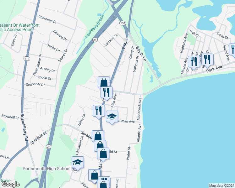 map of restaurants, bars, coffee shops, grocery stores, and more near 48 Park Avenue in Portsmouth