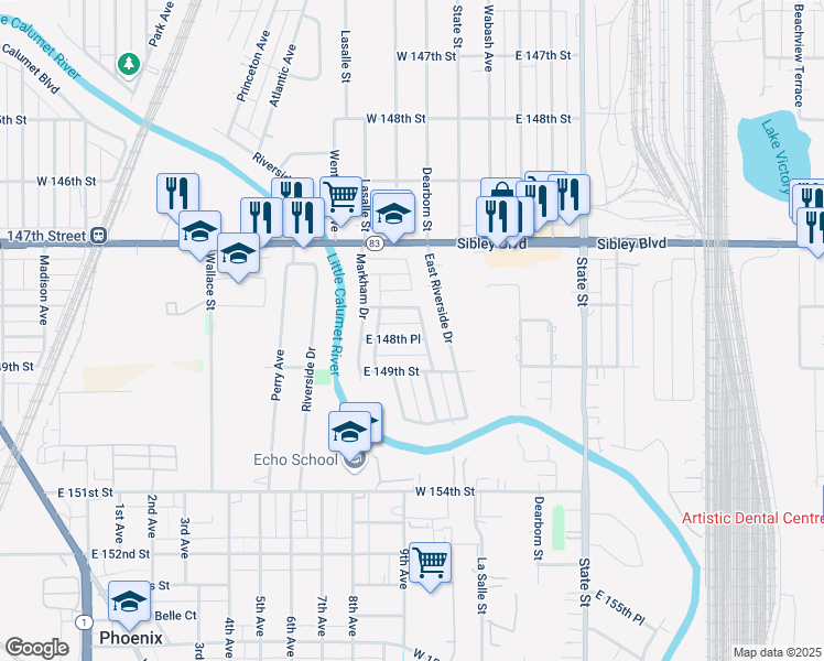 map of restaurants, bars, coffee shops, grocery stores, and more near 550 East 148th Street in Harvey