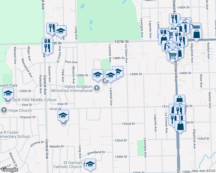 map of restaurants, bars, coffee shops, grocery stores, and more near 14900-15000 Laramie Avenue in Oak Forest