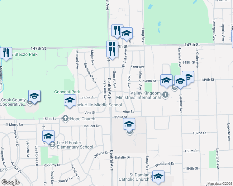 map of restaurants, bars, coffee shops, grocery stores, and more near 14924 Sunset Avenue in Oak Forest