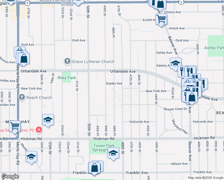 map of restaurants, bars, coffee shops, grocery stores, and more near 4830 Snyder Avenue in Des Moines