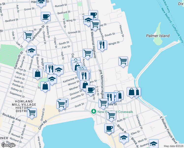 map of restaurants, bars, coffee shops, grocery stores, and more near 153 Blackmer Street in New Bedford