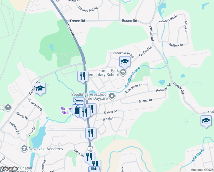 map of restaurants, bars, coffee shops, grocery stores, and more near 60 Forest Park Drive in North Kingstown