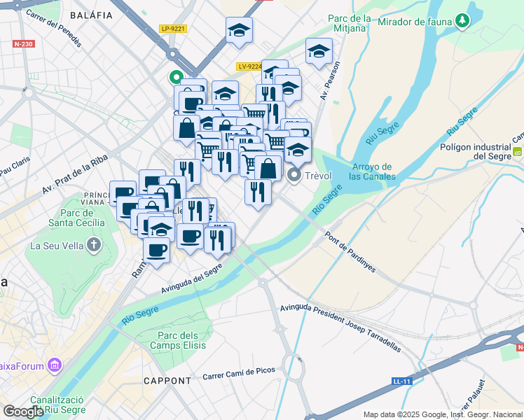 map of restaurants, bars, coffee shops, grocery stores, and more near 13 Avinguda de Tortosa in Lleida