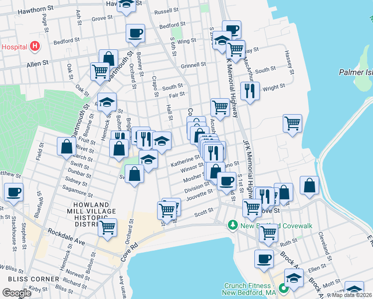 map of restaurants, bars, coffee shops, grocery stores, and more near 164 Rivet Street in New Bedford