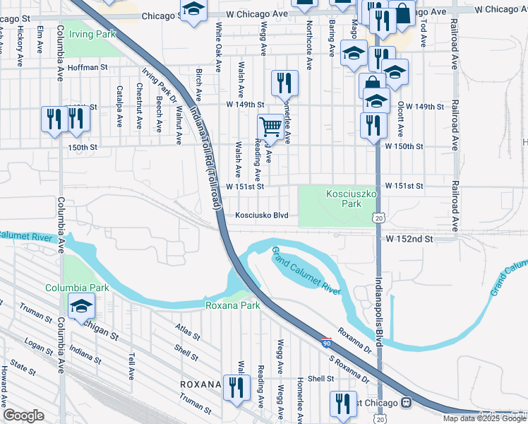 map of restaurants, bars, coffee shops, grocery stores, and more near 5115 Reading Avenue in East Chicago