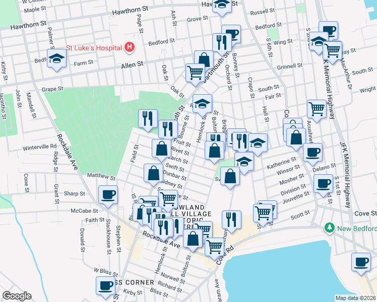 map of restaurants, bars, coffee shops, grocery stores, and more near 100 Fruit Street in New Bedford