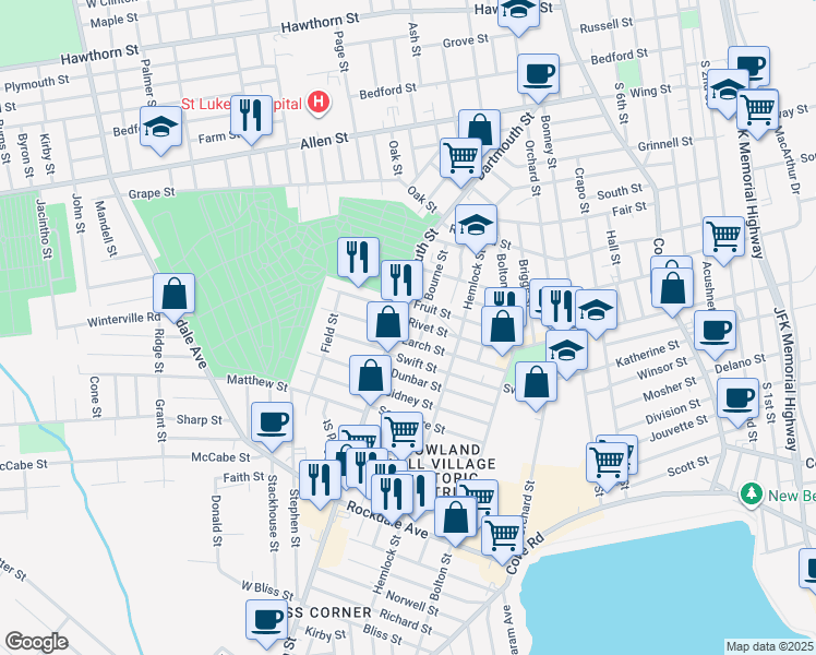 map of restaurants, bars, coffee shops, grocery stores, and more near 266 Dartmouth Street in New Bedford