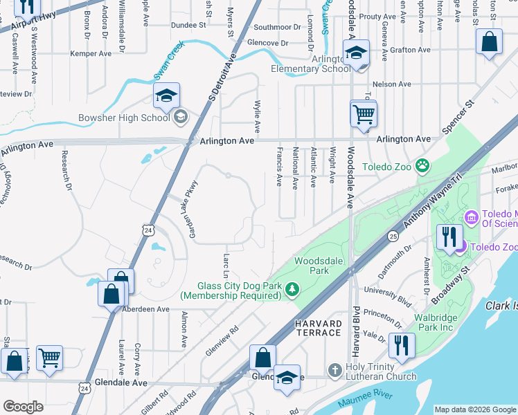 map of restaurants, bars, coffee shops, grocery stores, and more near 1021 Garden Trail Road in Toledo