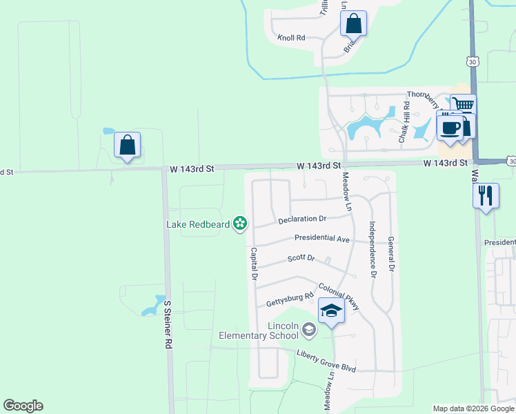 map of restaurants, bars, coffee shops, grocery stores, and more near 14332 Capital Drive in Plainfield