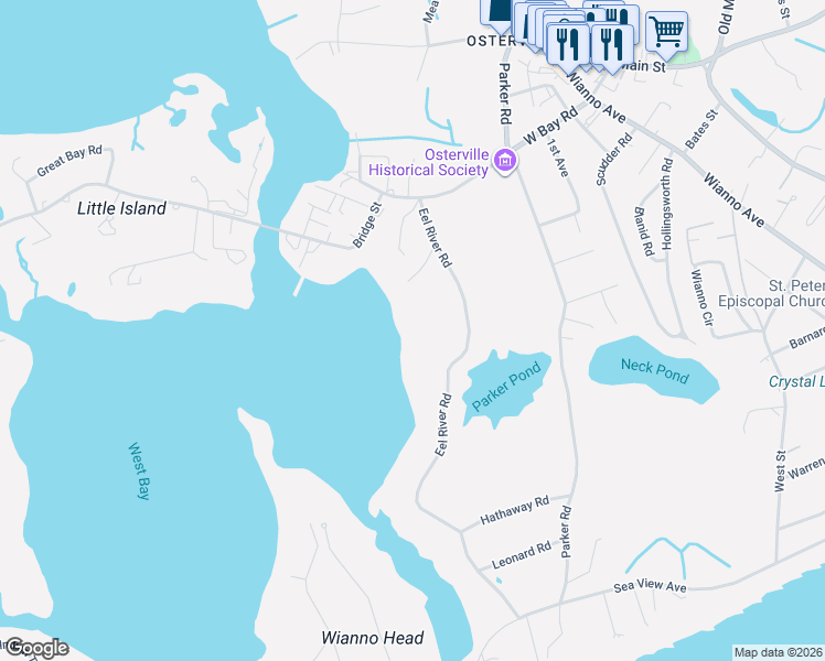 map of restaurants, bars, coffee shops, grocery stores, and more near 109 Eel River Road in Barnstable